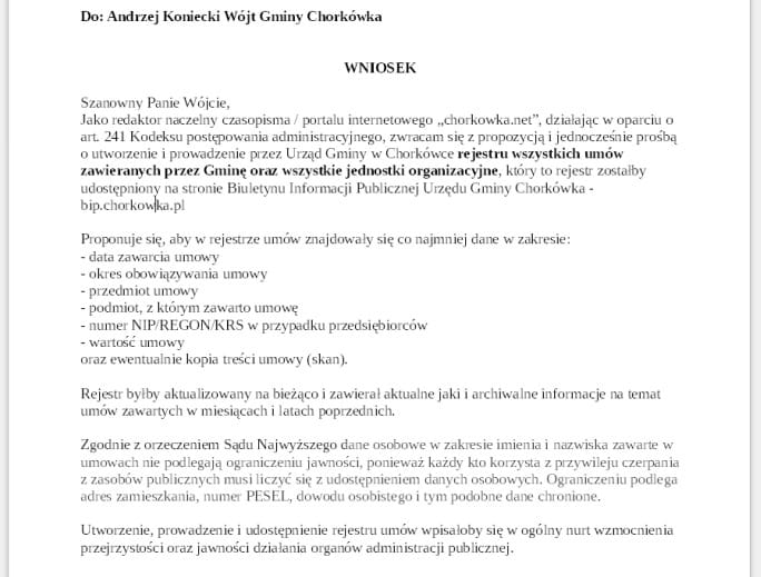 [SiPU-ZM] Wniosek o utworzenie rejestru umów w Gminie Chorkówka