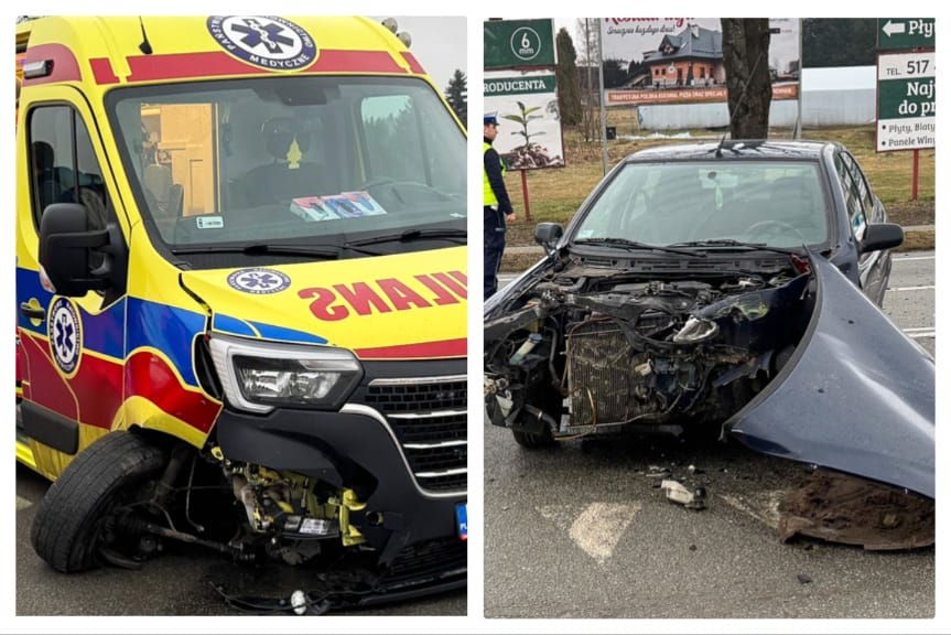 Miejsce Piastowe. Wypadek z udziałem karetki pogotowia