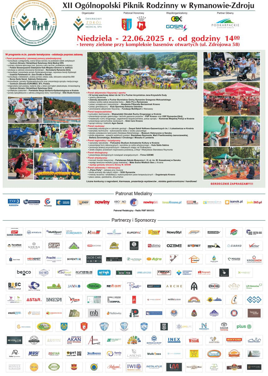Plakat XII Ogólnopolski Piknik Rodzinny w Rymanowie-Zdroju - zaproszenie