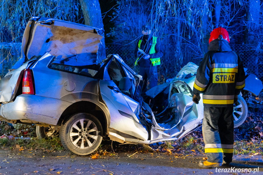 Krosno. Samochód owinął się wokół drzewa