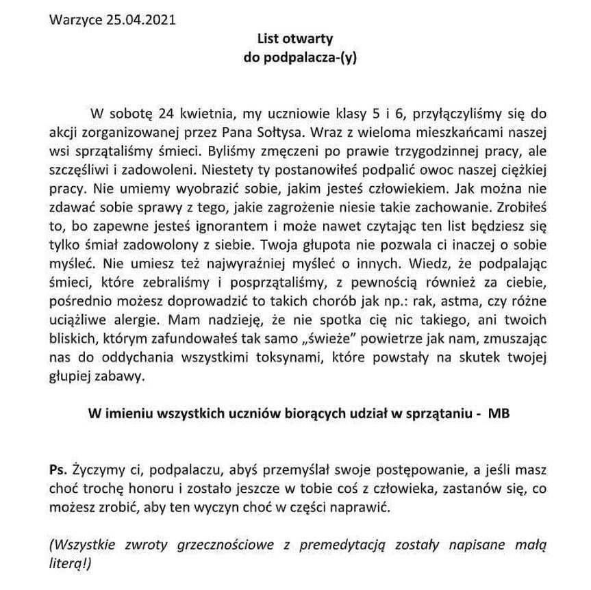 Śmieci zebrane przez mieszkańców Warzyc spłonęły w nocy