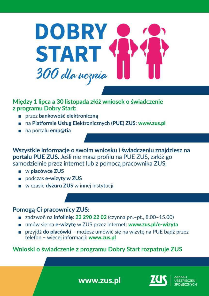 Program "Dobry start" - tzw. świadczenie 300+. Dyżury pracowników ZUS w Krempnej i Jaśle