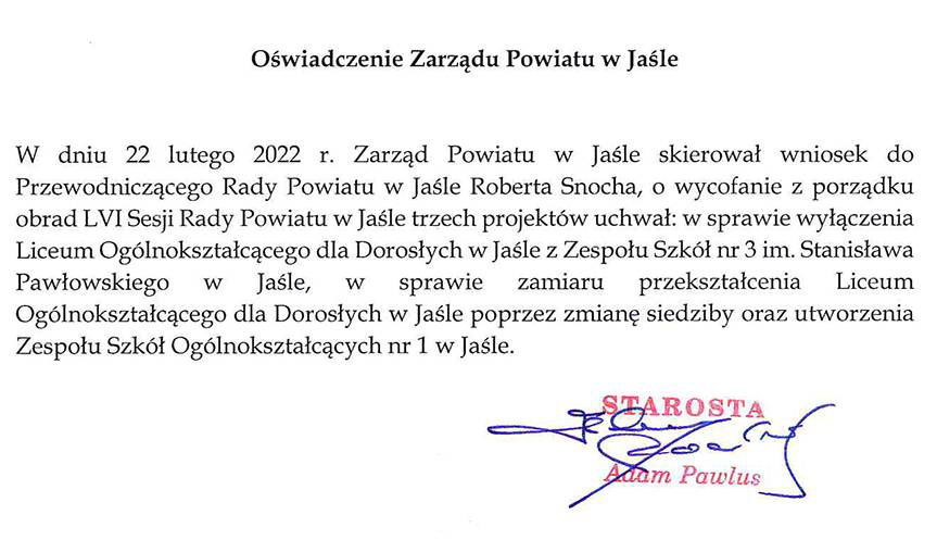 PILNE! Zarząd Powiatu w Jaśle złożył wniosek o wycofanie z porządku obrad uchwał