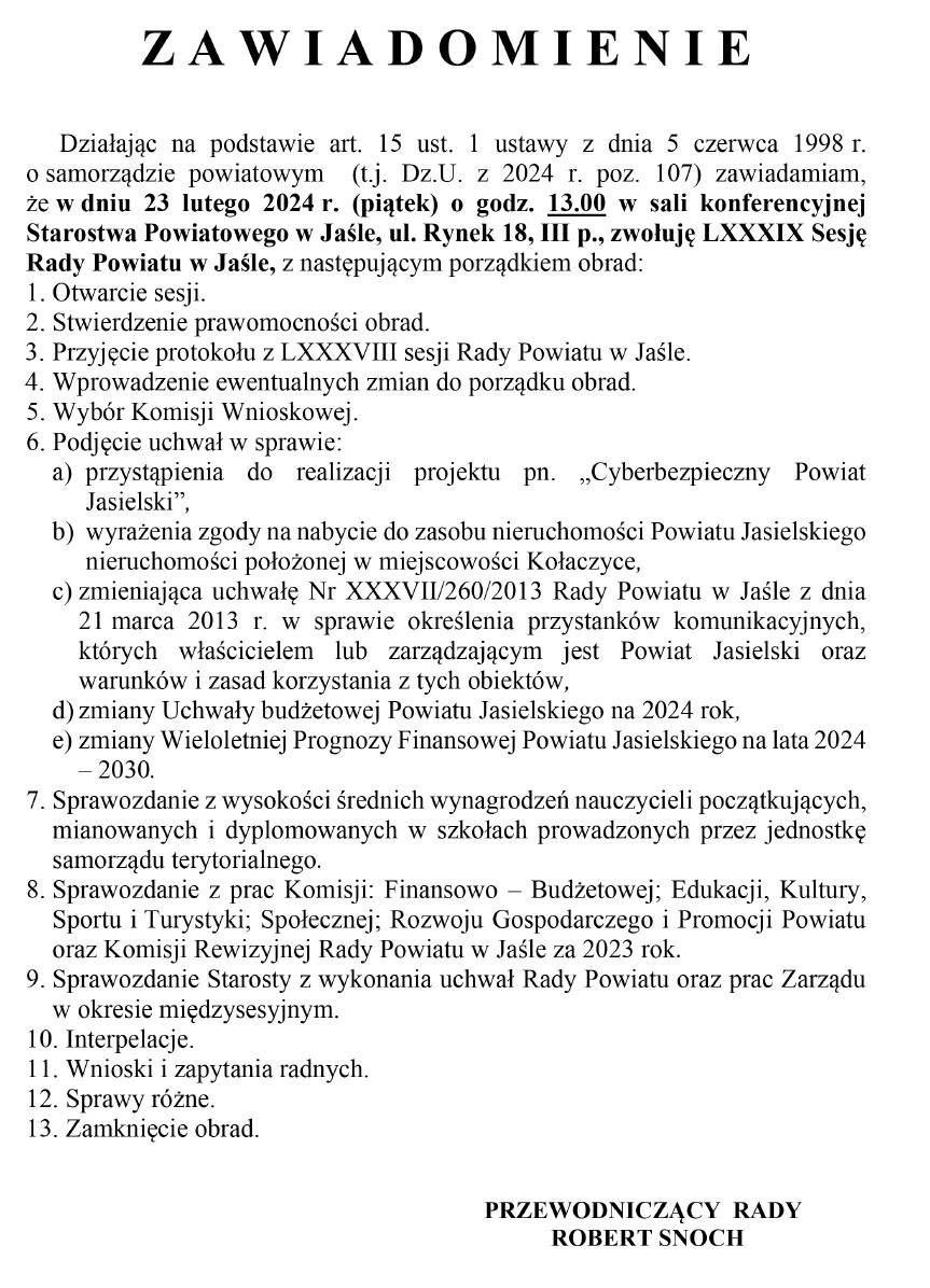 LXXXIX sesja Rady Powiatu w Jaśle