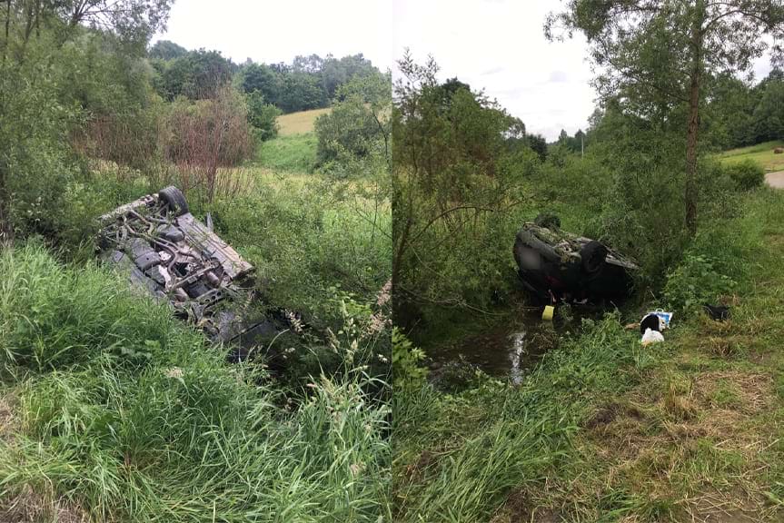 Stracił panowanie nad autem. Dachował w strumyku