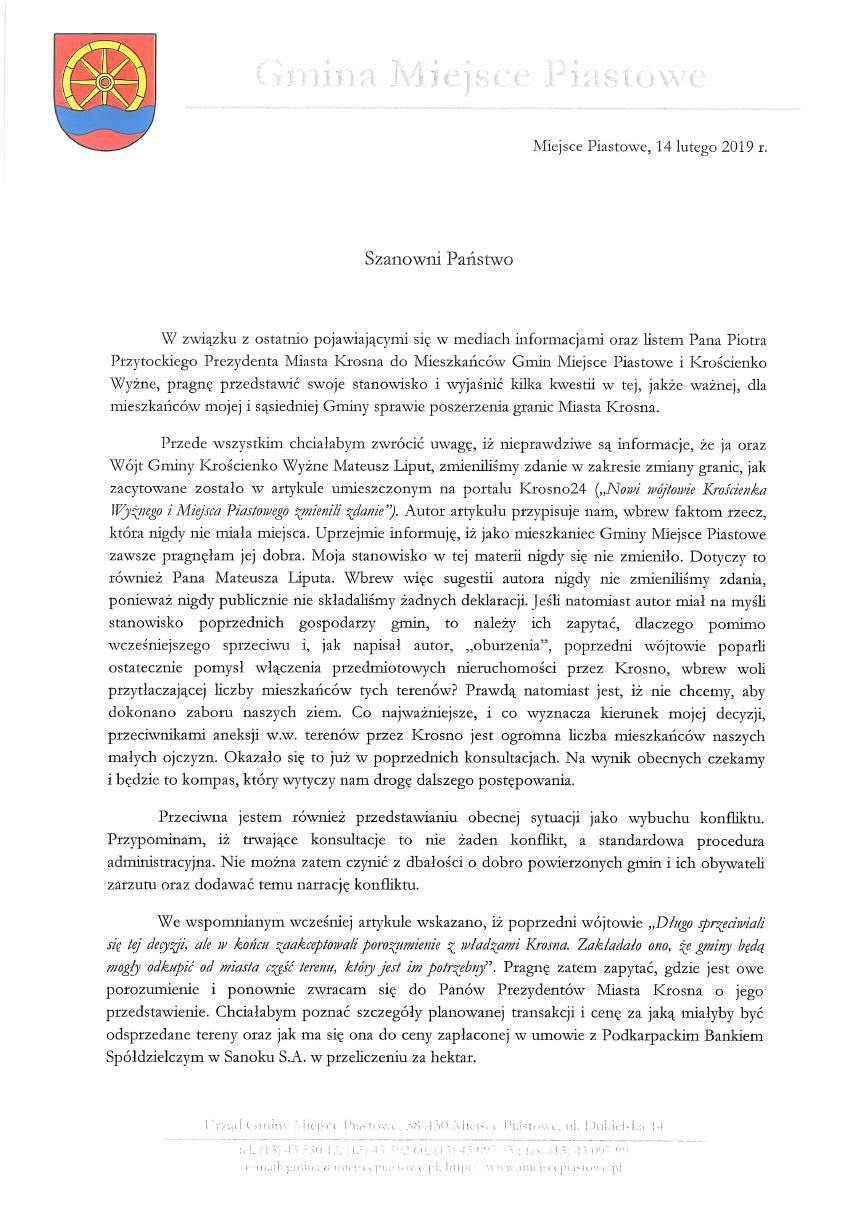 Wójt Gminy Miejsce Piastowe odpowiada