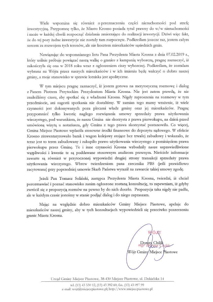 Wójt Gminy Miejsce Piastowe odpowiada