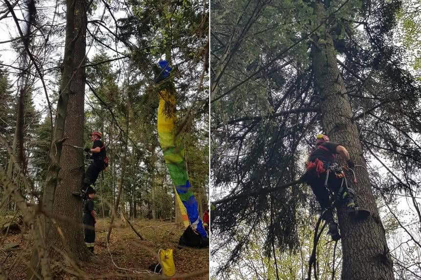 Paralotniarz utknął na drzewie