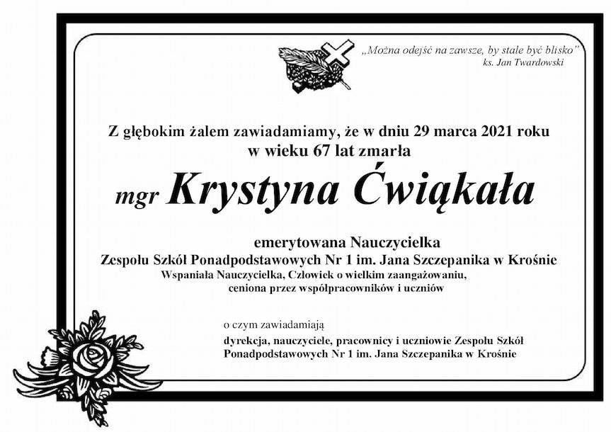 Nie żyje Krystyna Ćwiąkała, emerytowana nauczycielka ZSP nr 1 w Krośnie