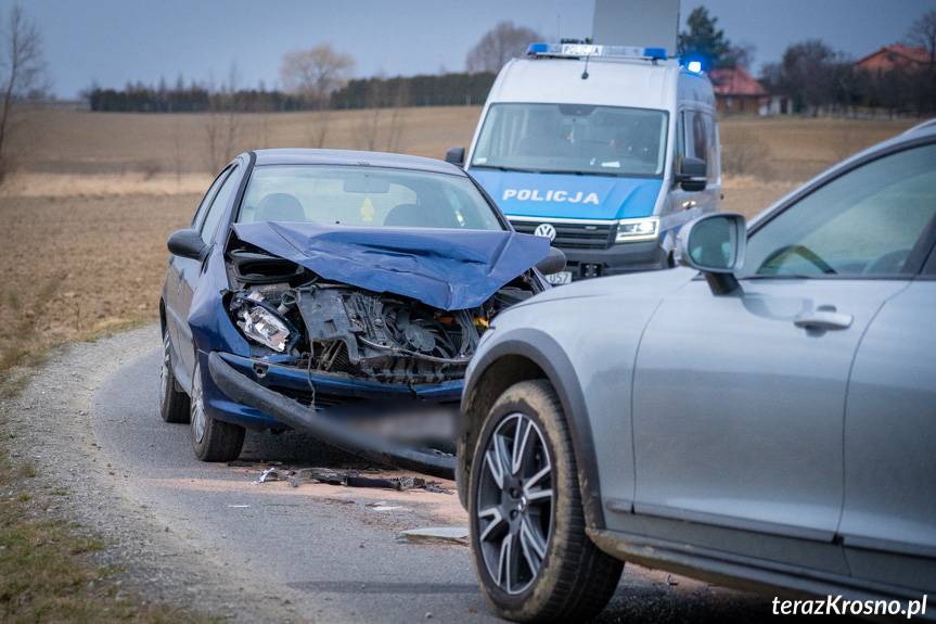 Czołowe zderzenie volvo i peugeota w Rogach