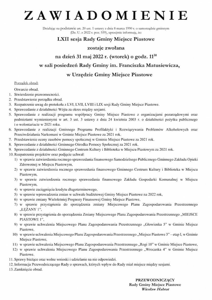 LXII sesja Rady Gminy Miejsce Piastowe