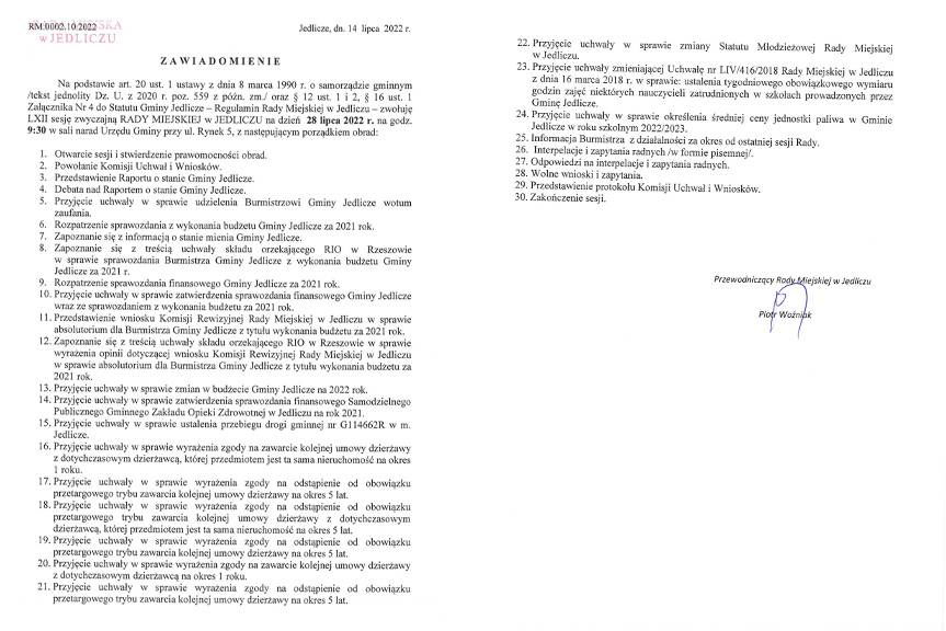 LXII sesja Rady Miejskiej w Jedliczu