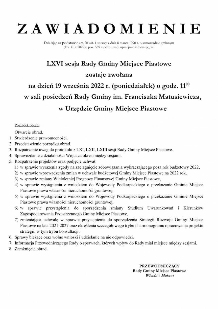 LXVI sesja Rady Gminy Miejsce Piastowe