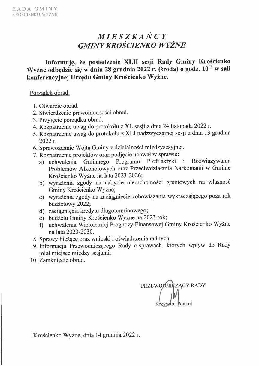 XLII sesja Rady Gminy Krościenko Wyżne