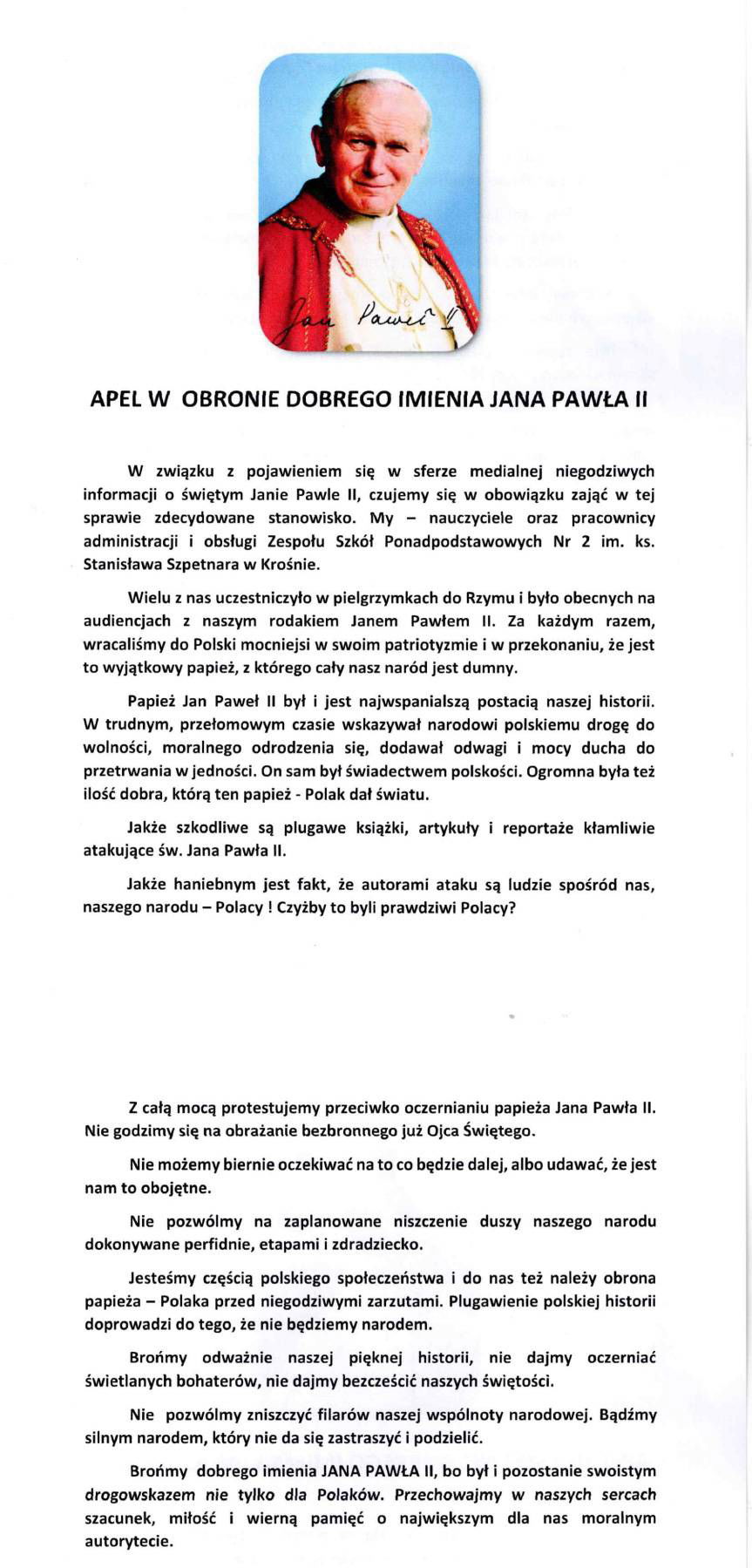 Apel w obronie dobrego imienia Jana Pawła II
