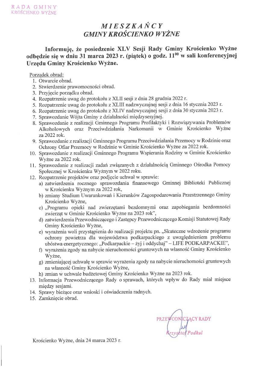 XLV sesja Rady Gminy Krościenko Wyżne