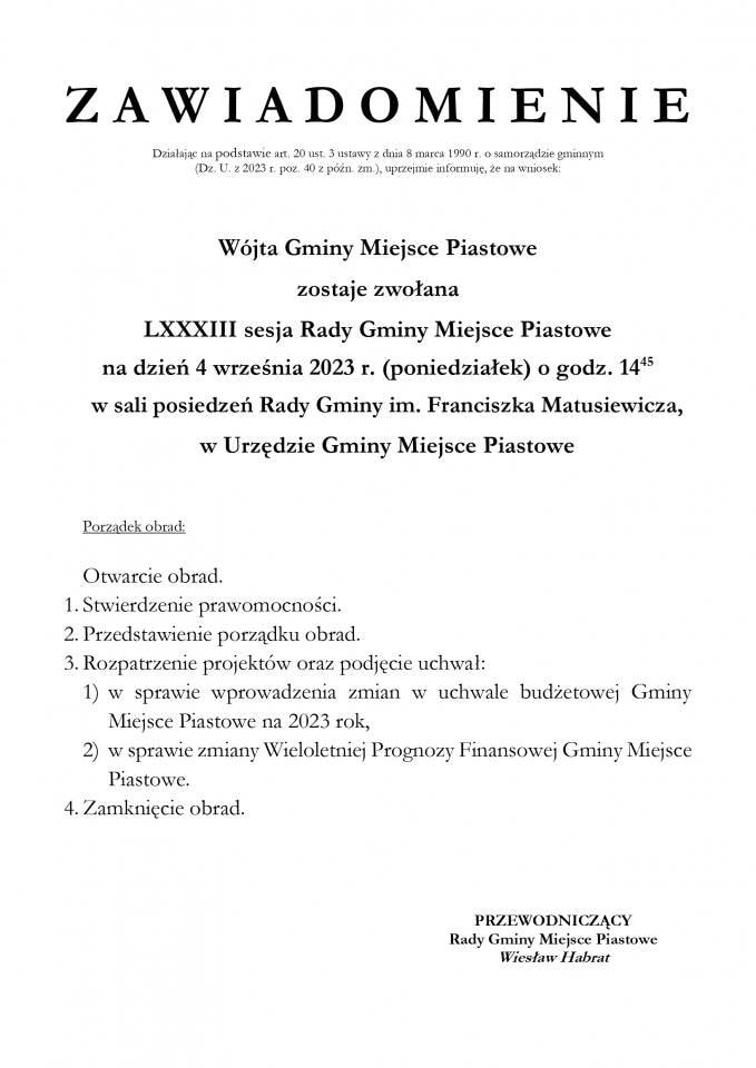 LXXXIII sesja Rady Gminy Miejsce Piastowe