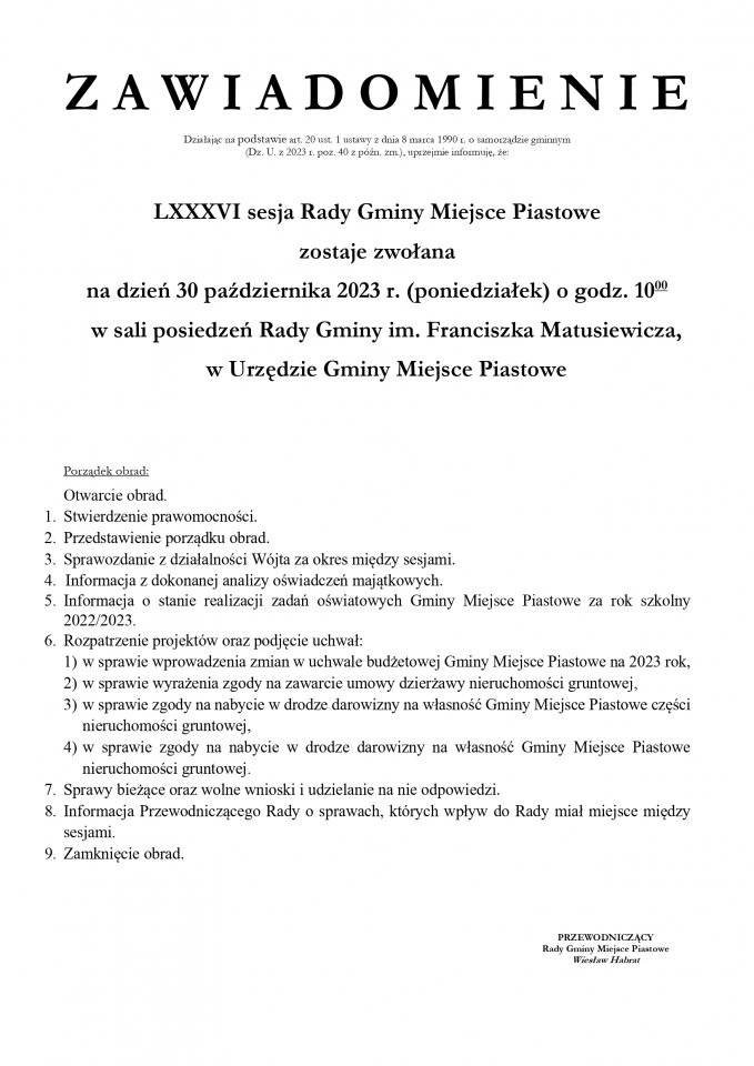 LXXXVI sesja Rady Gminy Miejsce Piastowe