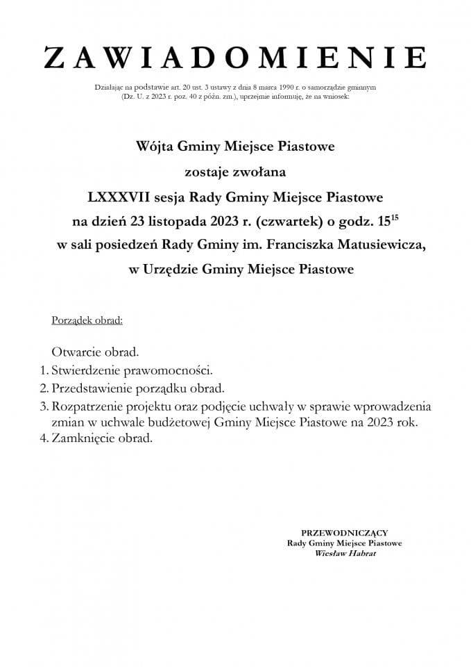 LXXXVII sesja Rady Gminy Miejsce Piastowe