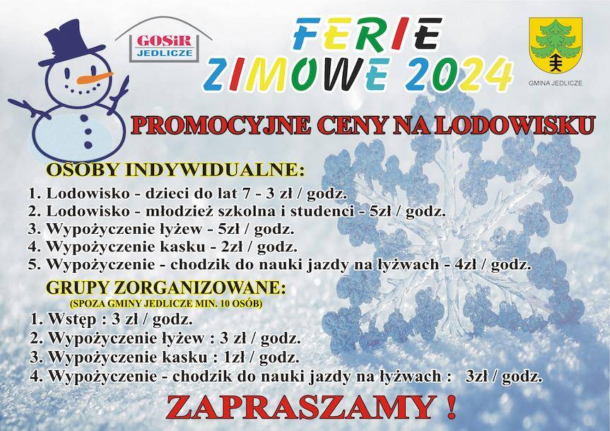 Ferie Zimowe 2024 - Promocyjne ceny na lodowisku w Jedliczu
