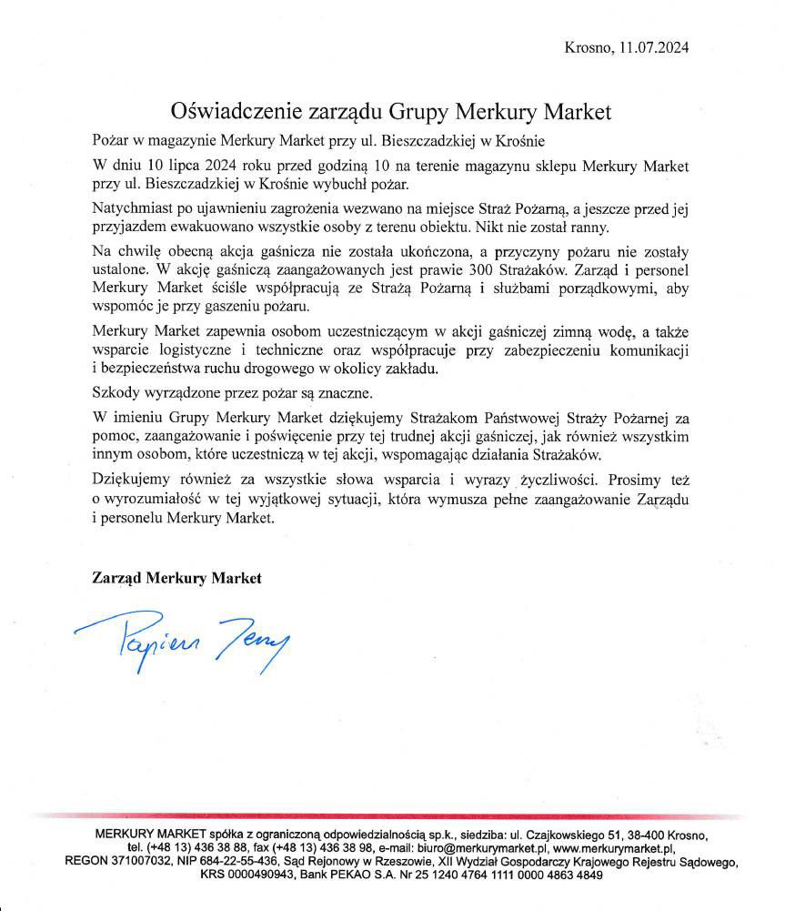 Pożar w magazynie Merkury Market. Zarząd wydał oświadczenie