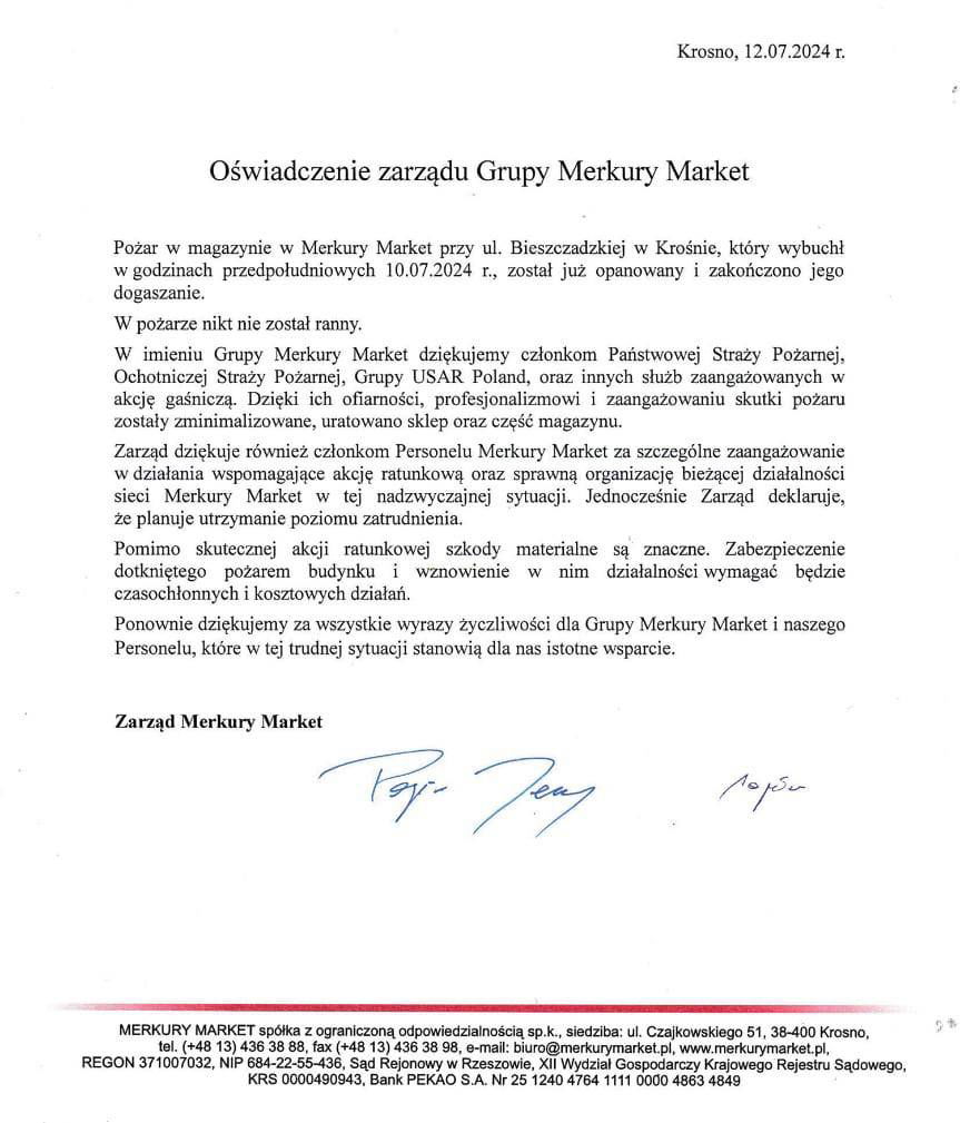Zarząd Grupy Merkury Market wydał drugie oświadczenie 
