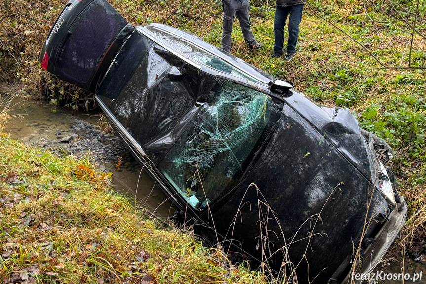 Groźnie wyglądająca kolizja. Jedna auto w rowie
