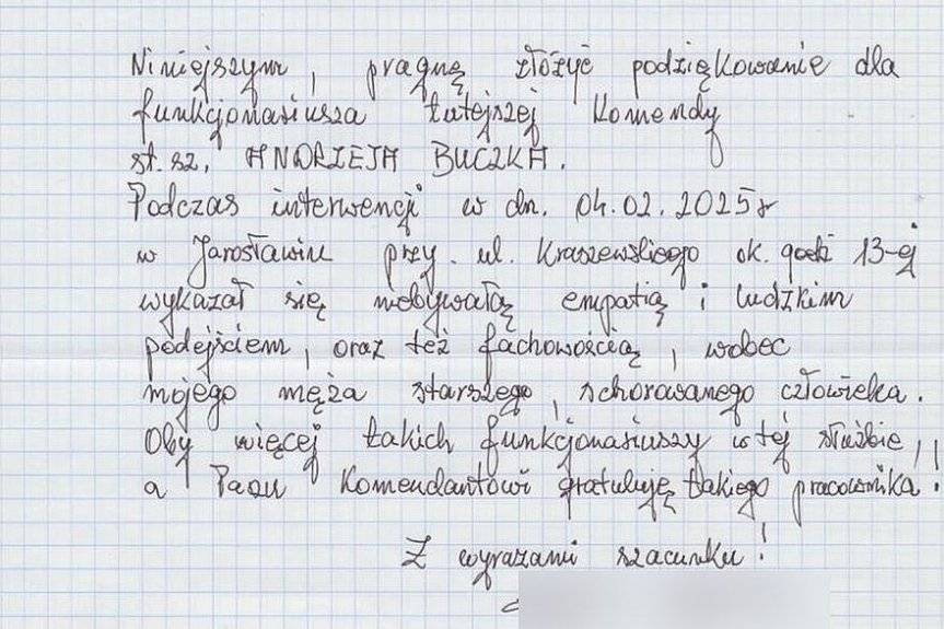 Podziękowanie dla jarosławskiego policjanta za empatię i profesjonalizm