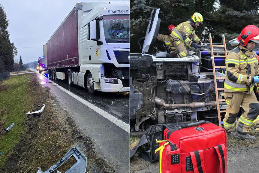 Zderzenie samochodu dostawczego z ciężarowym w Brzostku