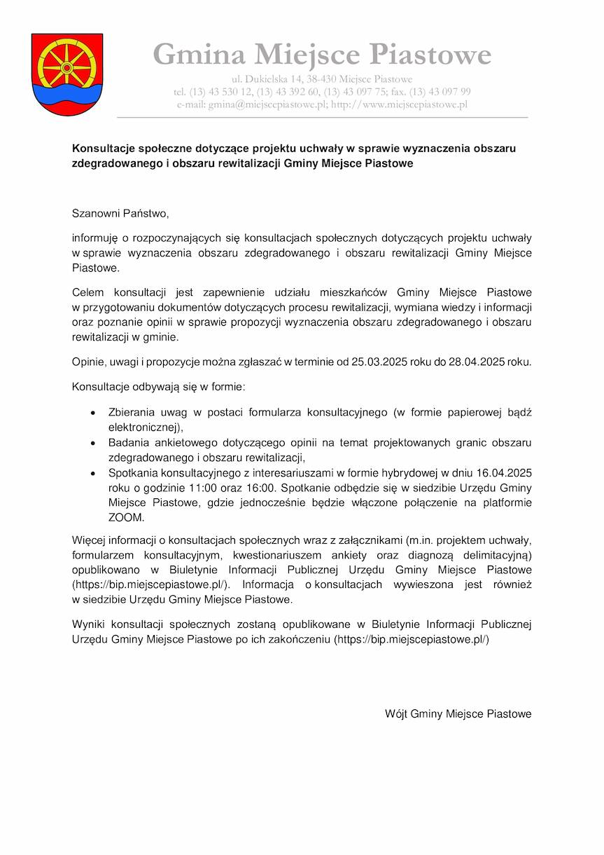 Konsultacje społeczne dotyczące projektu uchwały w sprawie wyznaczenia obszaru zdegradowanego i obszaru rewitalizacji Gminy Miejsce Piastowe