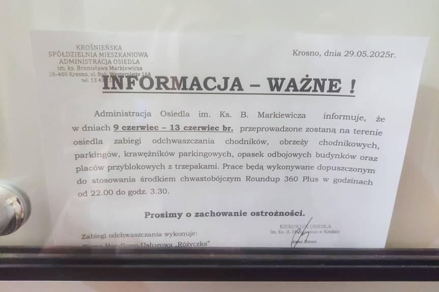 Opryski "roundupem". Jest decyzja prezesa Krośnieńskiej Spółdzielni Mieszkaniowej
