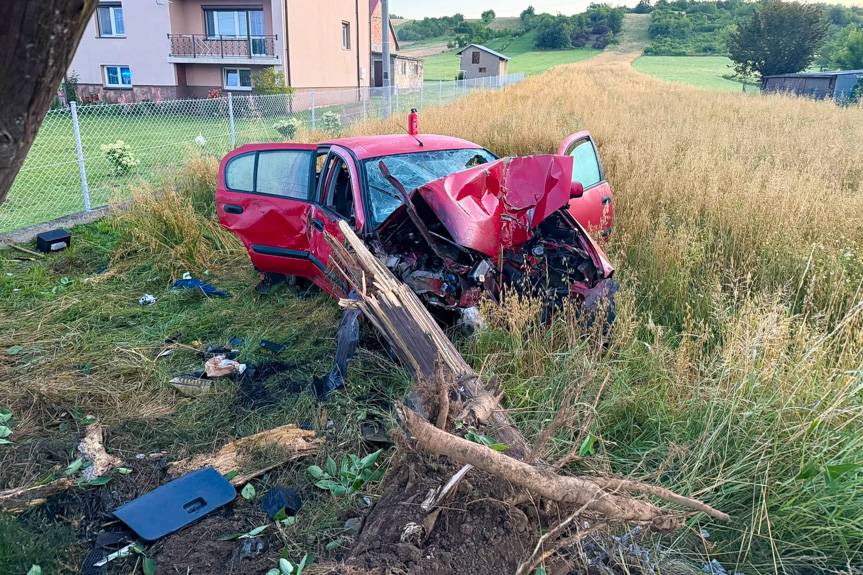 Groźny wypadek o świcie. Samochód roztrzaskał się na drzewie i słupie