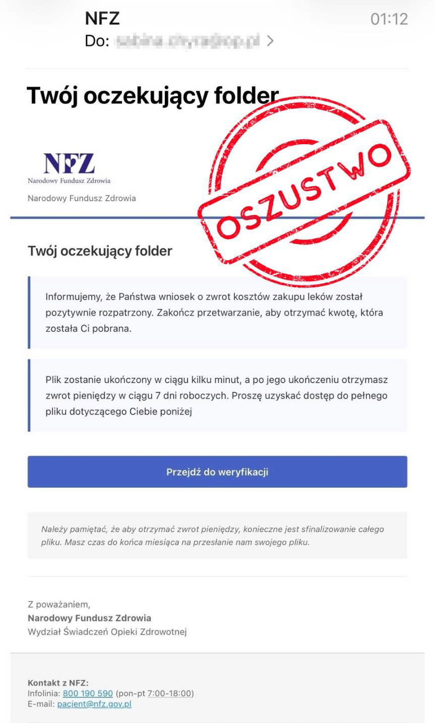 Fałszywe wiadomości e-mail. NFZ ostrzega