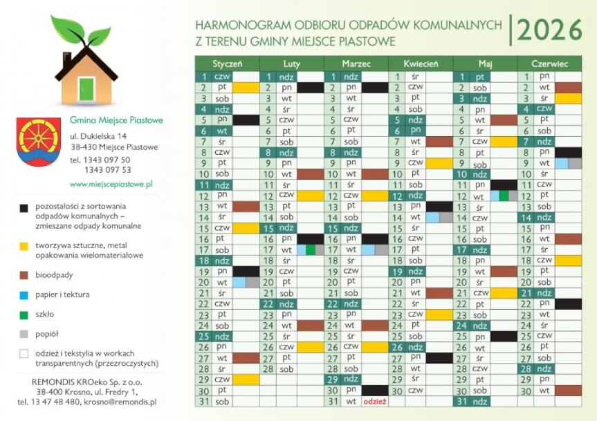 Harmonogram odbioru odpadów w gminie Miejsce Piastowe na 2026 rok