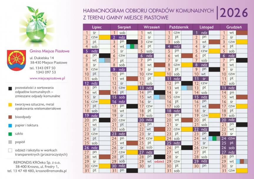 Harmonogram odbioru odpadów w gminie Miejsce Piastowe na 2026 rok