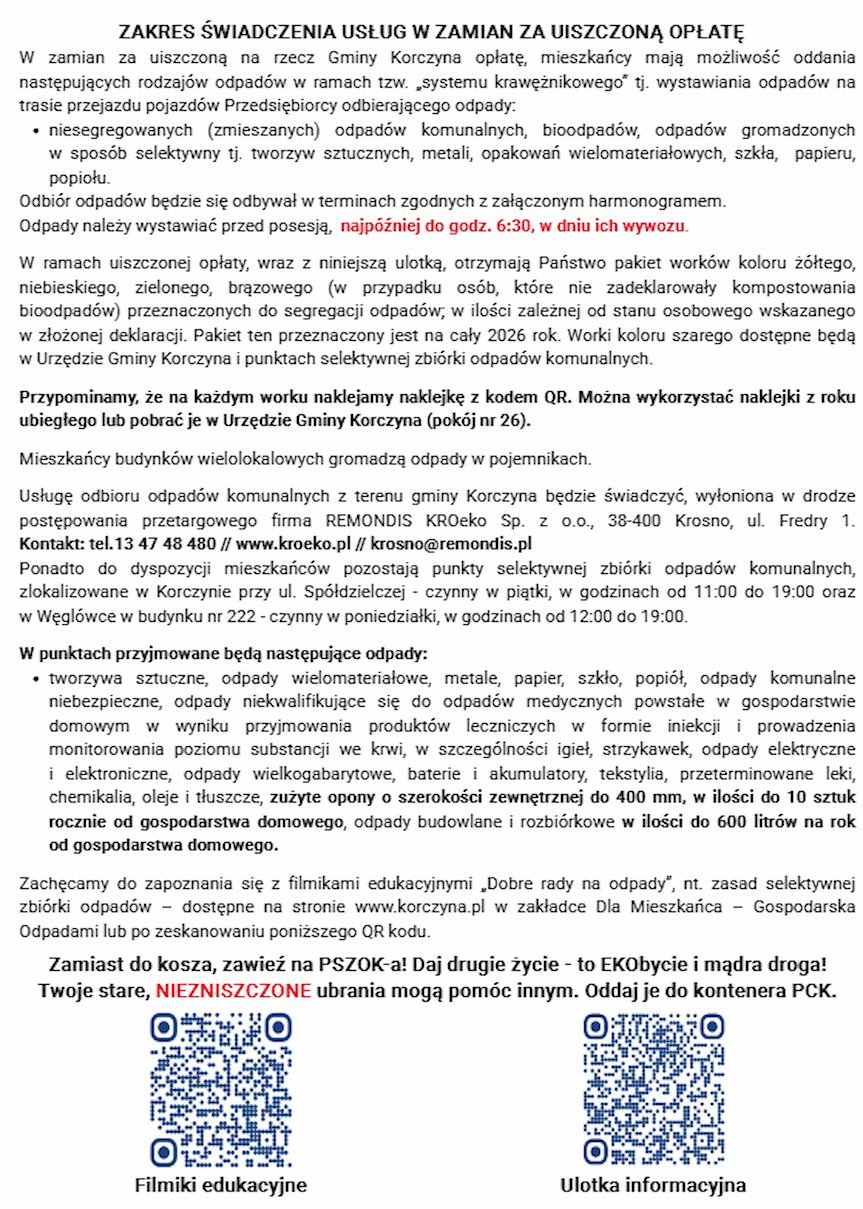 Harmonogram odbioru odpadów w gminie Korczyna na 2026 rok