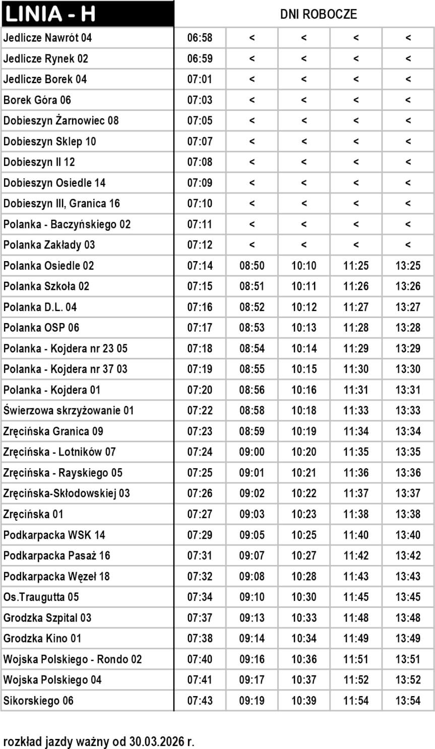 Rozkład jazdy linii H MKS Krosno