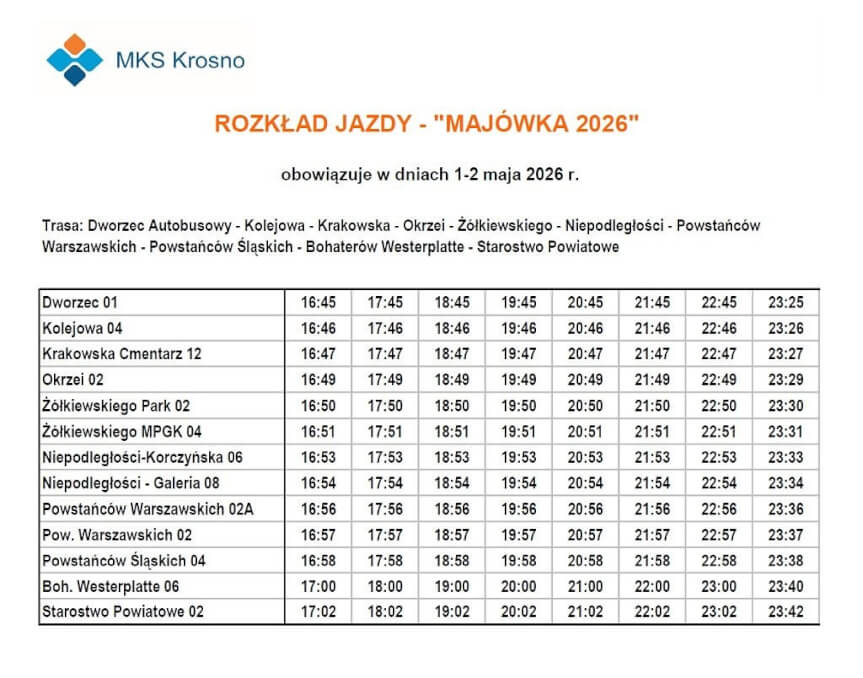 Bezpłatne autobusy na "Majówkę 2026" w Krośnie