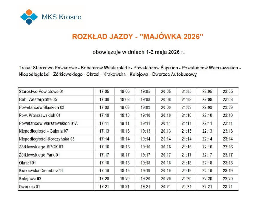 Bezpłatne autobusy na "Majówkę 2026" w Krośnie
