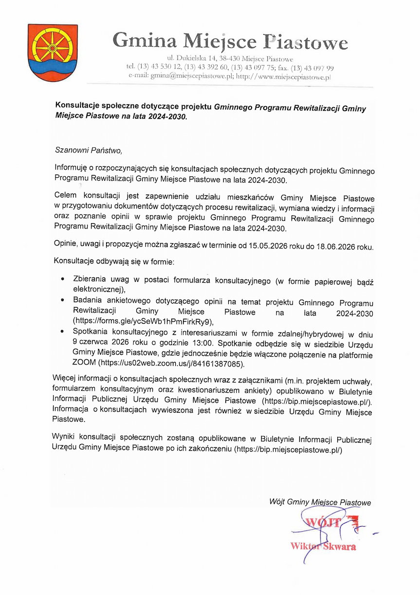 Konsultacje społeczne dotyczące projektu Gminnego Programu Rewitalizacji Gminy Miejsce Piastowe na lata 2024-2030