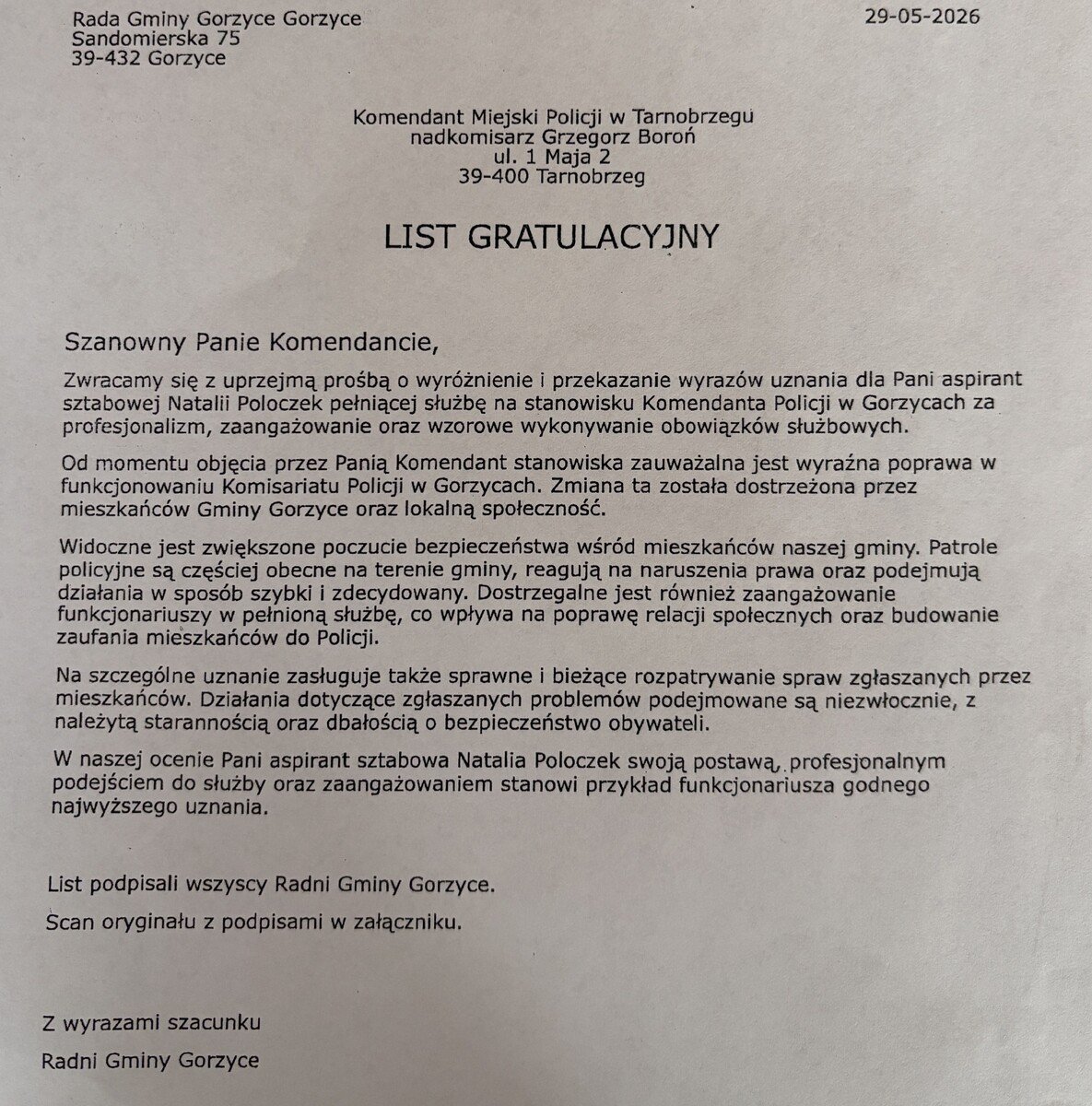 List mieszkańców nie pozostawia wątpliwości. Policja została doceniona