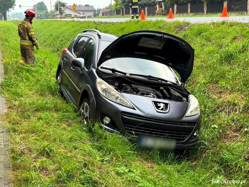 Kolizja w Moderówce. Kierująca Peugeotem wjechała do rowu na DK28