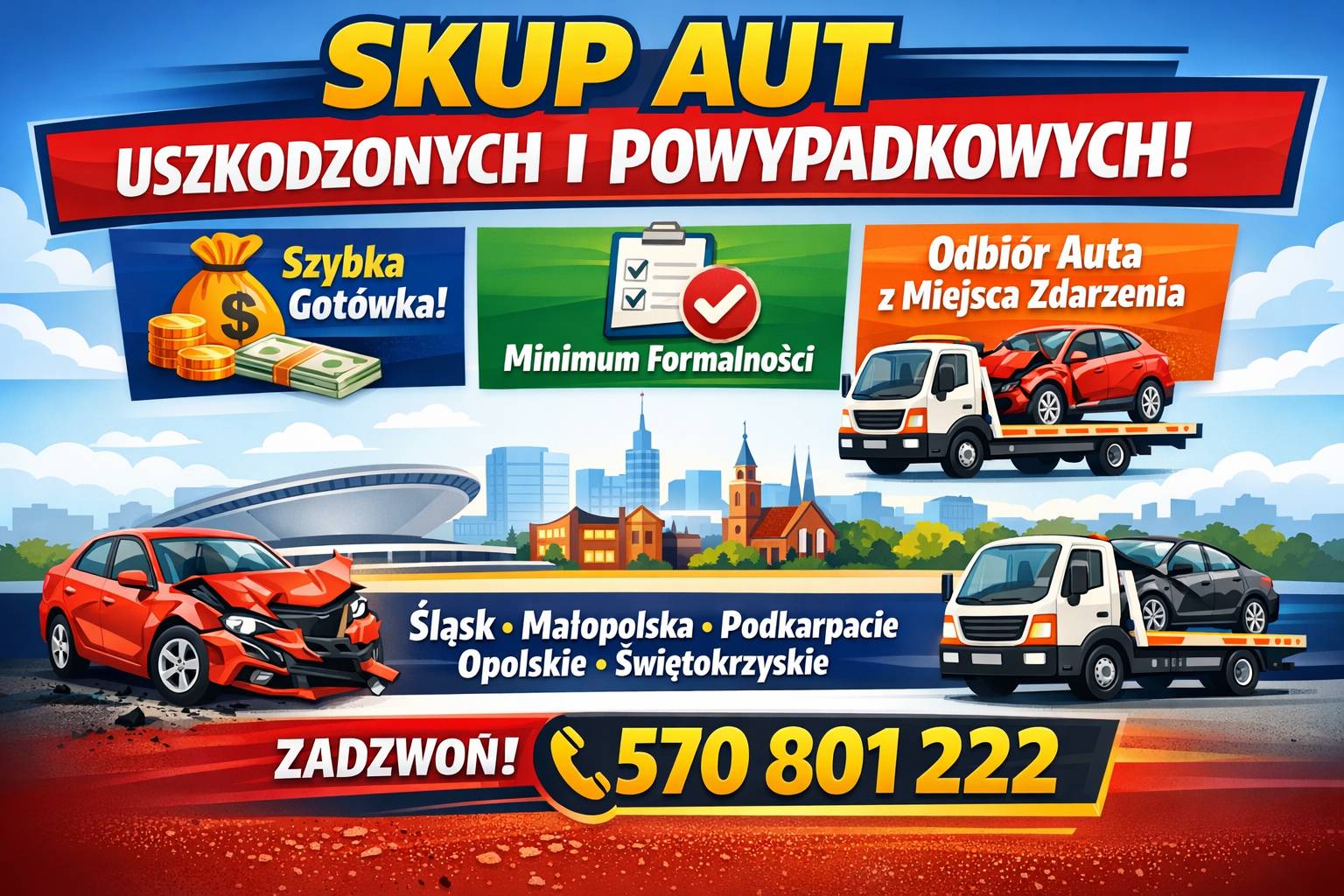 Skup aut uszkodzonych, aut powypadkowych z DOJAZDEM do Klienta | Odbiór lawetą