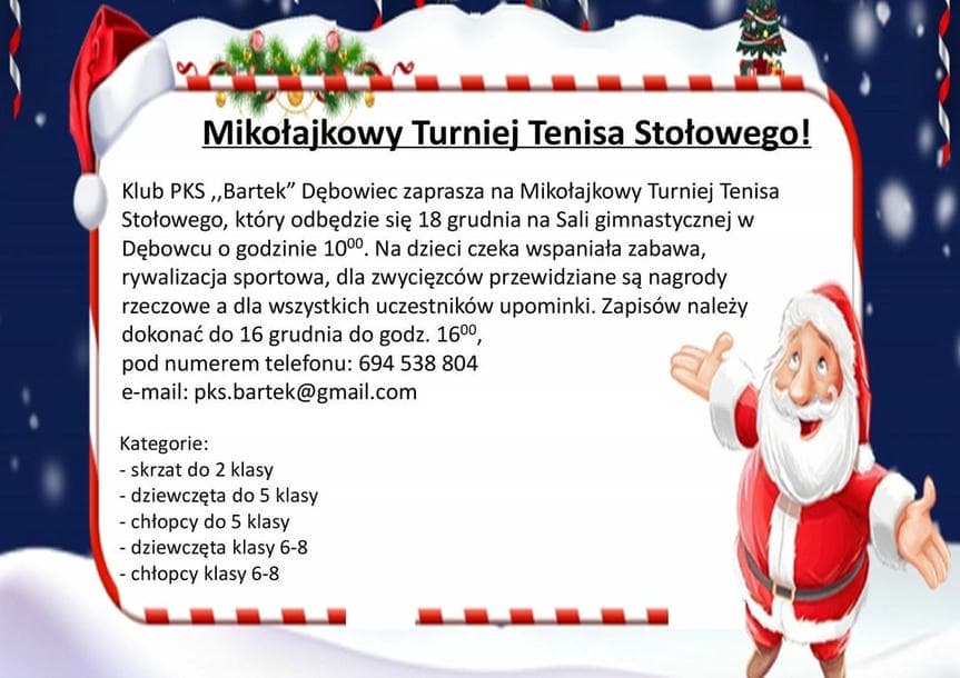 Mikołajkowy Turniej Tenisa Stołowego w Dębowcu