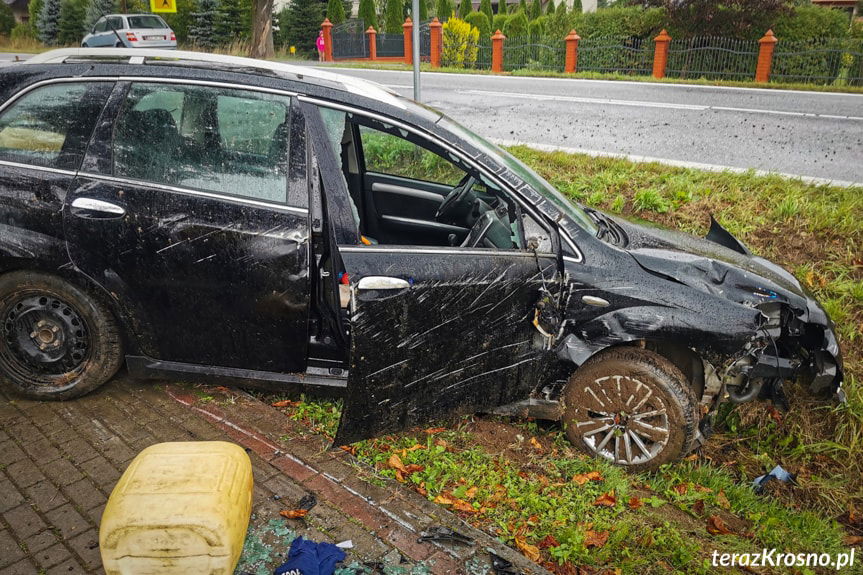 Skosił znak i wjechał do rowu