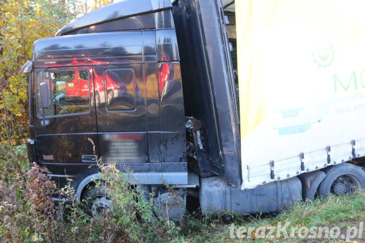 Tir zjechał z jezdni w zarośla