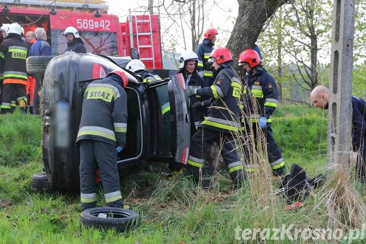 Wypadek w Krasnej, samochód uderzył w drzewo