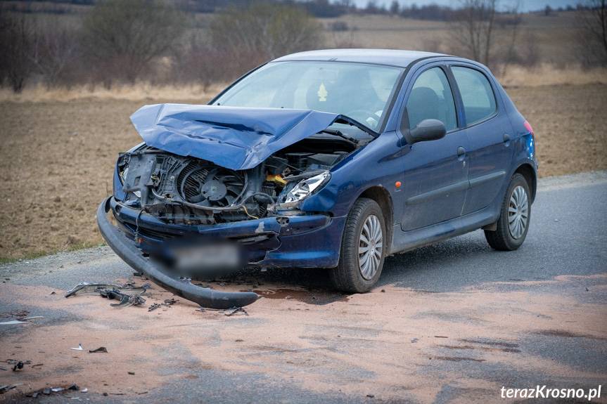 Czołowe zderzenie volvo i peugeota w Rogach